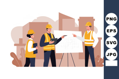 Construction workers collaborating on building blueprint wit Product Image 1
