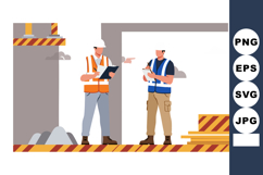 Construction workers discussing site plans with safety barri Product Image 1