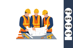 Construction workers reviewing building plans with safety he Product Image 1