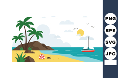 Tropical beach coastline with palm trees sailboat and calm s Product Image 1
