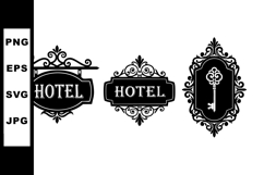 Vintage black hotel signs and key vector set with ornate fra Product Image 1