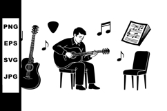 Man playing acoustic guitar with music notes and guitar pick Product Image 1