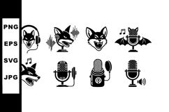 Fox head podcast microphone icons with music and sound wave Product Image 1