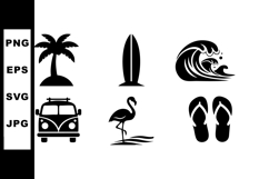 Tropical beach icons with palm tree surfboard wave flamingo Product Image 1