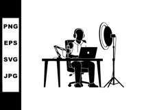 Podcaster recording audio content at desk with microphone an Product Image 1