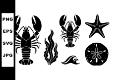 Lobster and marine life black silhouette vector set with sta Product Image 1