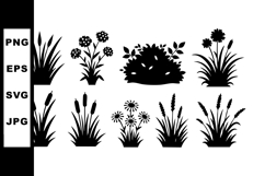 Various grass and flower bush silhouettes vector set in blac Product Image 1