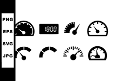 Speedometer icons set with digital and analog gauges in blac Product Image 1
