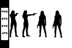 Silhouettes of woman with gun in different poses vector illu Product Image 1