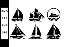 Sailing Boat and Yacht Silhouette Vector Set with Waves and Product Image 1