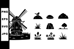 Windmill and nature elements silhouette vector with grass fl Product Image 1