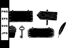Rustic wooden signs with key feather and potted plant silhou Product Image 1