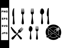 Black Cutlery Set with Knife Fork Spoon and Plate Vector Ill Product Image 1