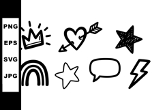 Doodle style icons including crown heart star rainbow speech Product Image 1