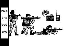 Soldiers in combat positions with military gear and radio co Product Image 1