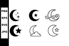 Crescent moon and star vector icons with clouds and sparkles Product Image 1