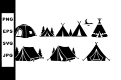 Various styles of black camping tents with trees and bird ve Product Image 1