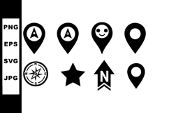 Location and navigation map pins with compass arrow star ico Product Image 1