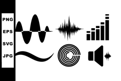 Sound waveforms and audio signal icons in black vector illus Product Image 1