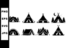 Camping tents outdoor equipment silhouettes vector icons set Product Image 1