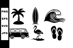 Tropical beach icons set with palm tree, surfboard, wave, va Product Image 1