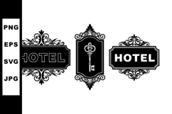 Vintage hotel signs and ornate key design vector in black el Product Image 1