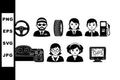 Car Driver and Passenger Icons with Steering Wheel Tire and Product Image 1