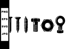 Variety of black silhouette screws nuts and bolts vector ill Product Image 1