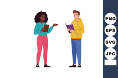 Two students discussing while holding books in casual colorf Product Image 1