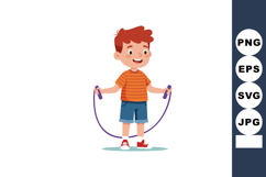 Boy jumping rope with happy expression wearing striped orang Product Image 1