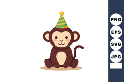 Cute cartoon monkey wearing striped party hat sitting isolat Product Image 1