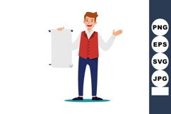 Young man with red vest holding blank scroll presenting mess Product Image 1