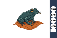 Frog sitting on dry brown leaf catching insect in mouth vect Product Image 1