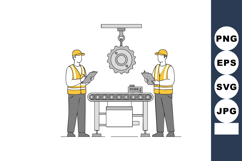 Factory workers inspecting conveyor belt and machinery in in Product Image 1