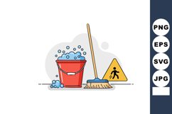 Cleaning tools bucket with soap bubbles broom and caution si Product Image 1
