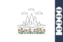 Forest landscape with orange flowers river and clouds in min Product Image 1