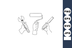 Hands holding wrench paint roller and chisel tools for const Product Image 1