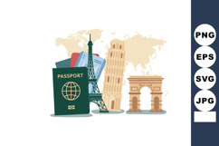 Travel essentials with passport and famous European landmark Product Image 1