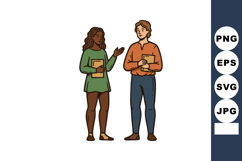 Two diverse young people standing and talking holding books Product Image 1