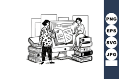Two women reading digital books and printed books sitting on Product Image 1