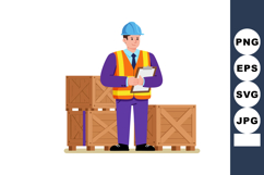 Construction worker in safety vest and helmet checking inven Product Image 1
