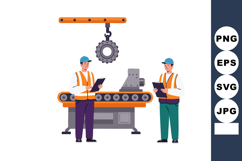 Factory workers inspecting machinery and conveyor belt in in Product Image 1