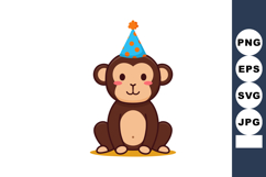 Cute monkey wearing blue party hat with orange dots sitting Product Image 1