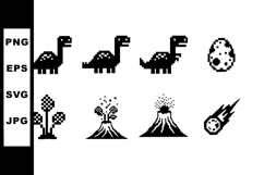 Pixel Art Dinosaurs Volcanoes Plants and Meteor Vector Icons Product Image 1