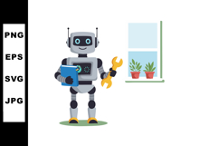 Friendly robot holding wrench and book with potted plants ne Product Image 1