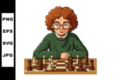 Young person playing chess with curly hair and glasses focus Product Image 1