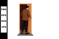 Man Opening Wooden Door Entering Room Vector Illustration wi Product Image 1