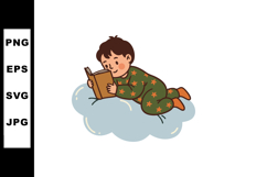 Boy reading book lying on cloud in cozy pajamas vector illus Product Image 1