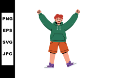 Happy red haired boy wearing green hoodie and orange shorts Product Image 1