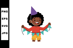 Happy child holding party flags wearing purple hat and color Product Image 1